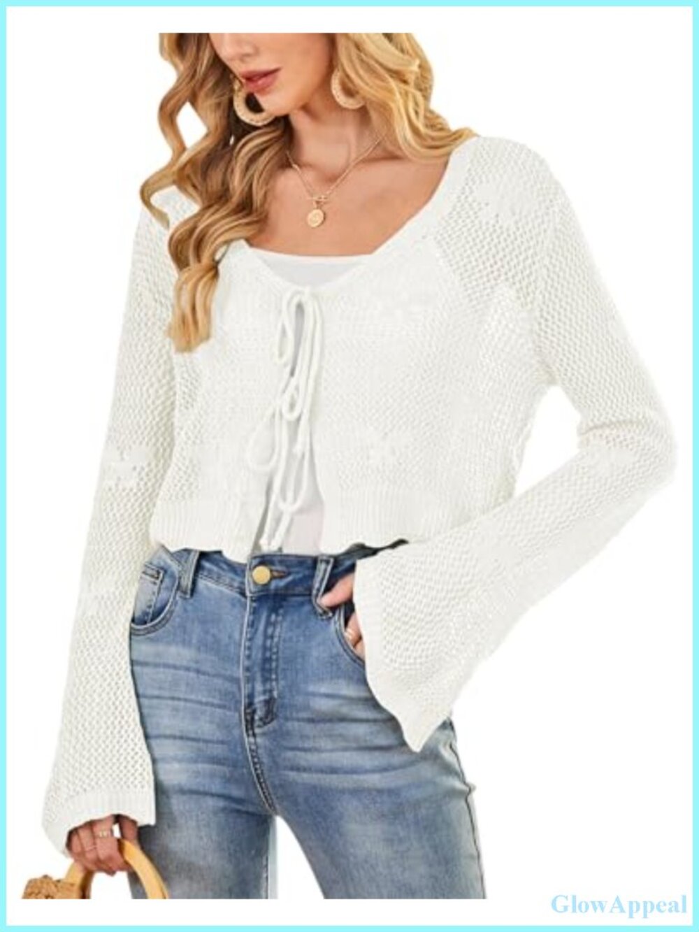 Crochet Open Knit Tie Front Cardigan Bell Sleeve V-Neck Women's Sweater